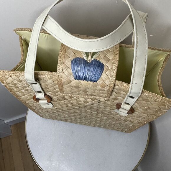 Vintage Handmade in Philippines Woven Straw Bag Pink Yellow Purple Flowers - Picture 9 of 12